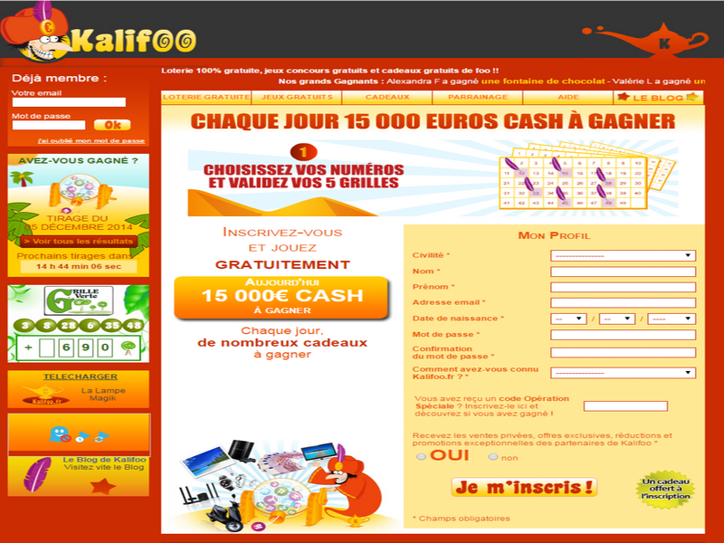Kalifoo est un jeux gratuit qui rassemble de nombreux cadeaux à gagner. Dès votre inscription, vous pourrez participer à des jeux en ligne sous forme de tirage au sort afin de gagner 5000 euros cash, des consoles, des voyages et bien d'autres cadeaux. La participation et l'inscription sont totalement gratuit.